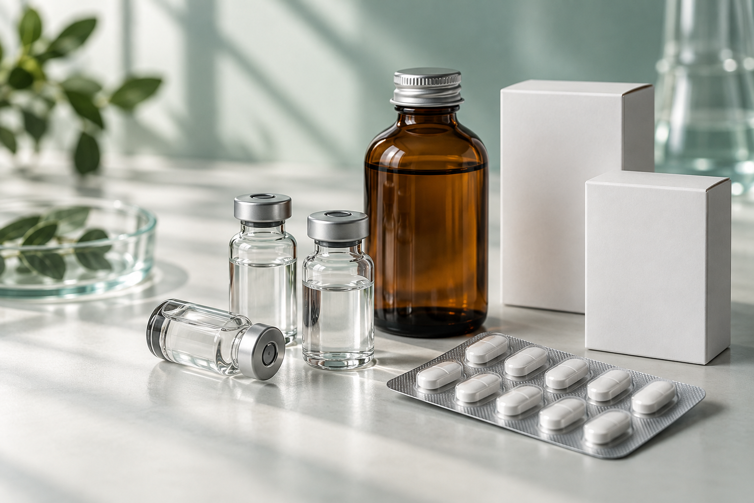 Illustrative arrangement of medicine vials, cartons and tablet packaging